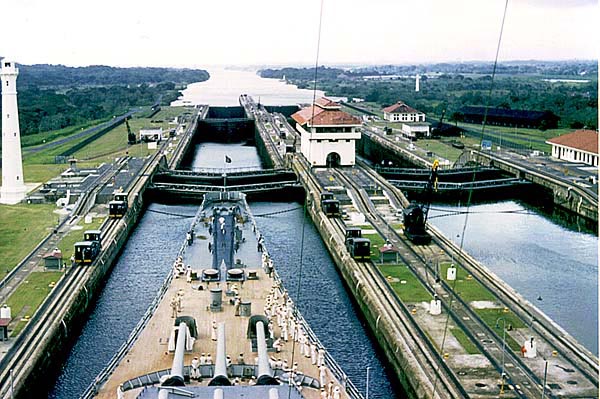 Battleship approaches lock in Panama Canal
